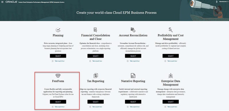 Oracle Cloud EPM landing page with the FreeForm business process option highlighted